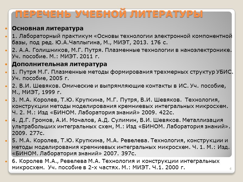 ПЕРЕЧЕНЬ УЧЕБНОЙ ЛИТЕРАТУРЫ Основная литература 1. Лабораторный практикум «Основы технологии электронной компонентной базы, под